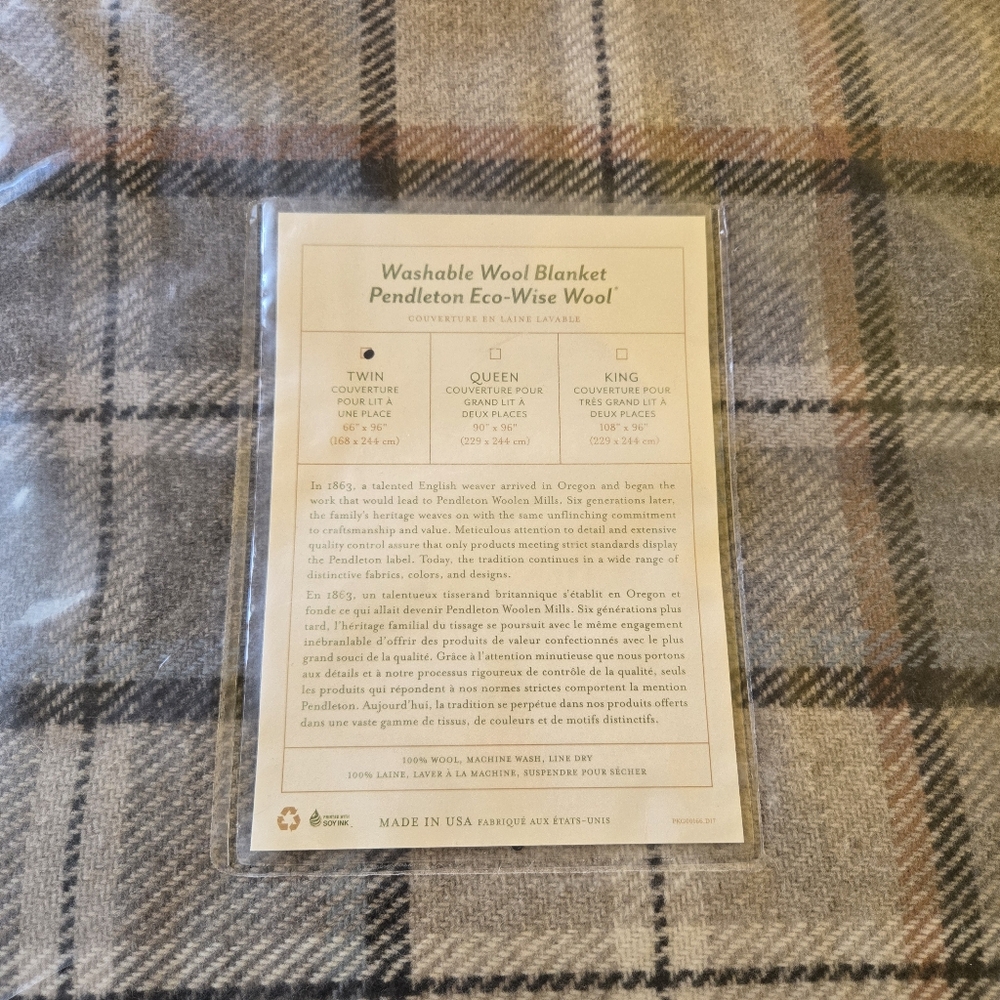 Pendleton Eco-Wise Pearl Plaid Washable 100% Wool Blanket, Twin 66" x 96" USA - Picture 6 of 16